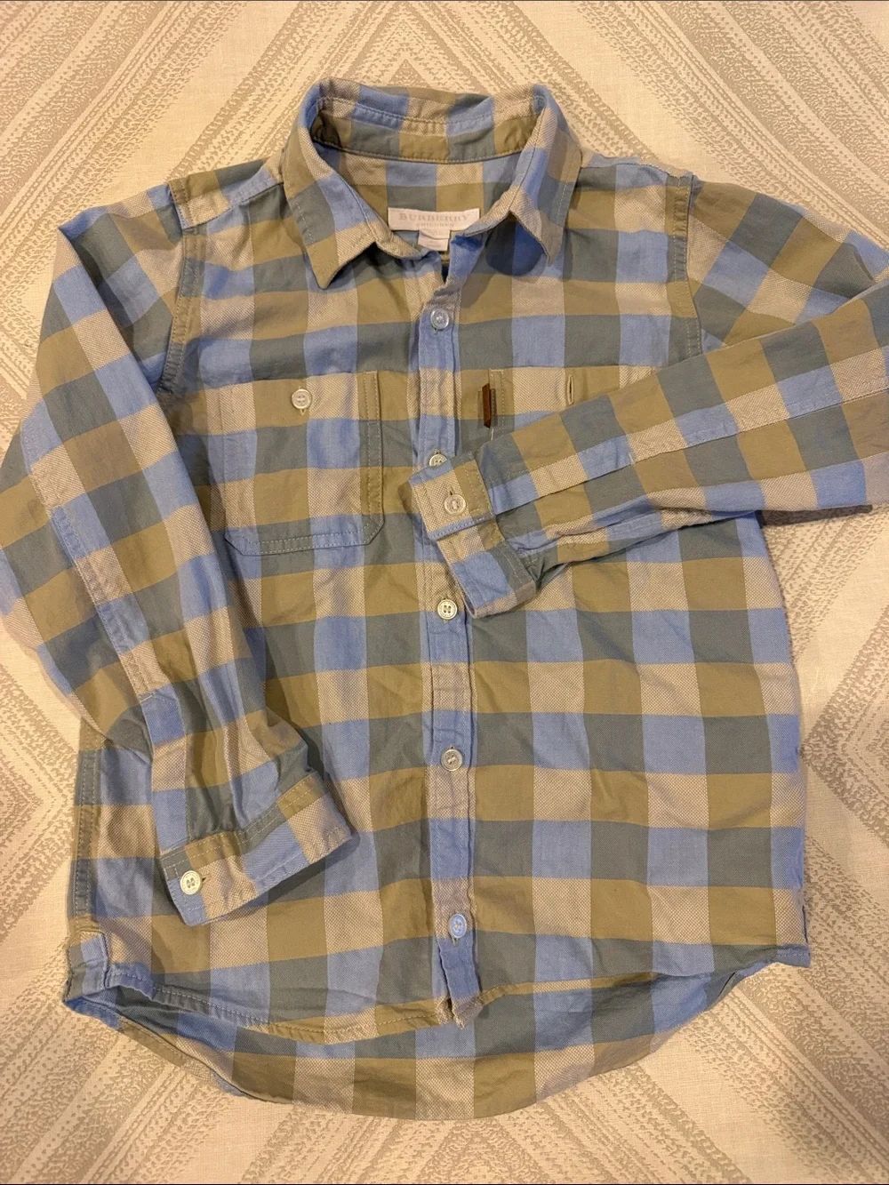 Burberry Boys 6Y Light Blue & Tan Button Down Shirt | Designer Kids S